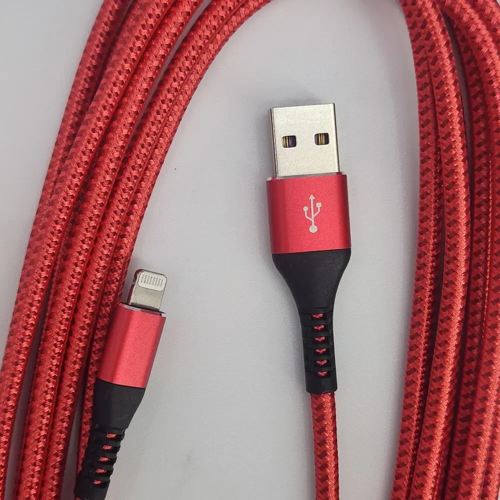 10 Ft Pack of 3 USB Lightning Charging Cables, Red Braided Cord